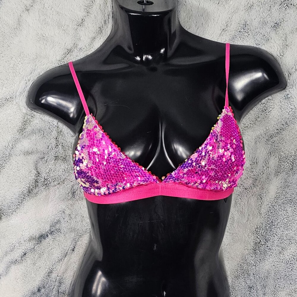 Club Exx XS Pink Sequin Triangle Top Bra Bralette Dolls Kill Rave Festival Club